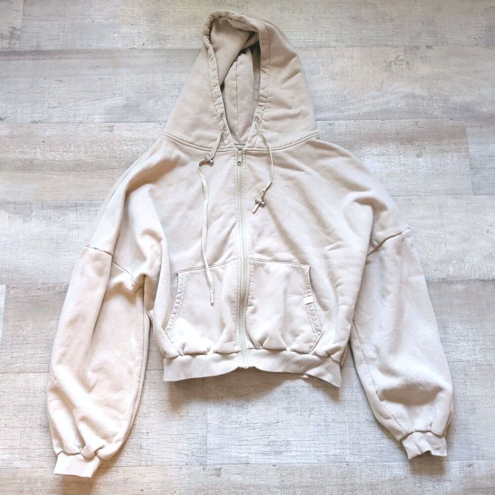 PopFlex Hoodie Womens S/M Beige Oversized Cloud Cropped Cozy Full Zip Sweater